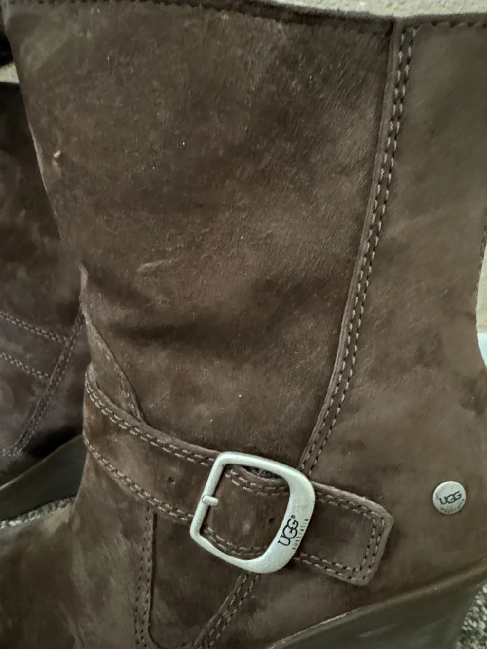 UGG Chestnut Suede Wedge Bootie with Buckle Detail Size 8
